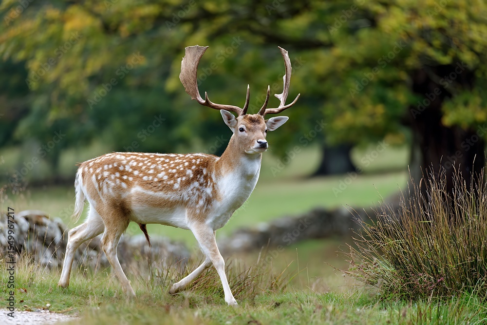 Fototapeta premium Majestic Fallow Deer Buck Walking Through Grassy Meadow With Large Antlers and Spots
