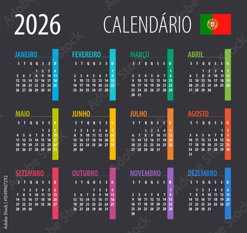 2026 Calendar - vector illustration. Template. Mock up. Portuguese version