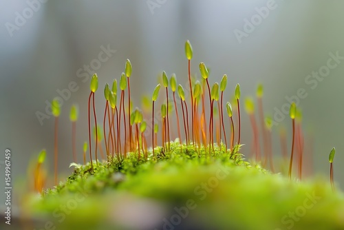 Mossy green ground, blurred background of forest, macro photography, shallow depth of field,