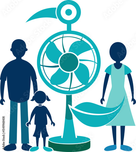 "Family staying cool with indoor fan silhouette" 