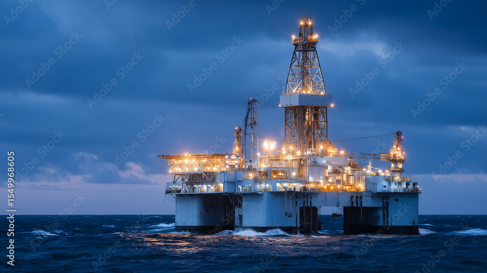 Obraz premium Glowing oil drilling platform in the middle of the sea during twilight, symbolizing energy production and marine industry oil rig ocean, twilight oil platform, offshore drilling, p