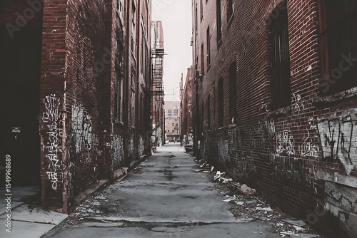 Brick alley with graffiti and trash