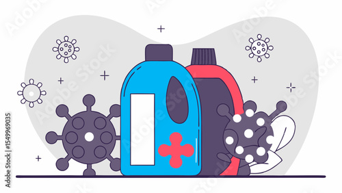 Vector illustration of disinfectant bottles with virus icons for health and safety applications