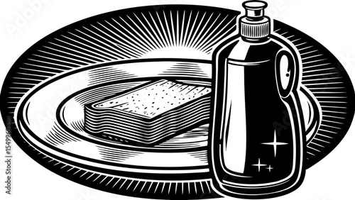 Retro vector illustration of dish soap and sponge on a plate for cleaning and kitchen purposes