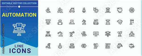 Automation icon set. Featuring machine, robot, ai, bot, tech, technology, robotic. Robotics linear icon set. UI icons set in a thin style. Vector illustration in modern line style.