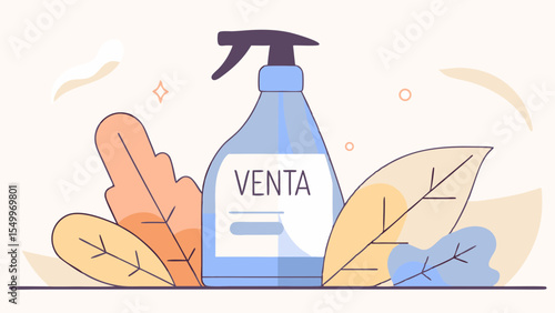 Stylish vector illustration of a cleaning spray bottle surrounded by leaves for eco-friendly products