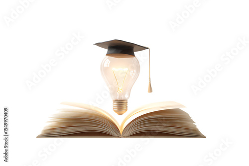 Graduation cap on a lightbulb above an open book