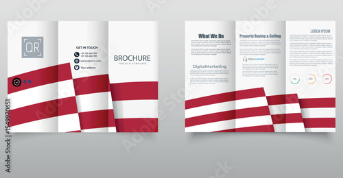 Red and White Corporate Trifold Brochure Template. Modern corporate trifold brochure template with dynamic red and white wave design, perfect for business promotions, marketing materials.