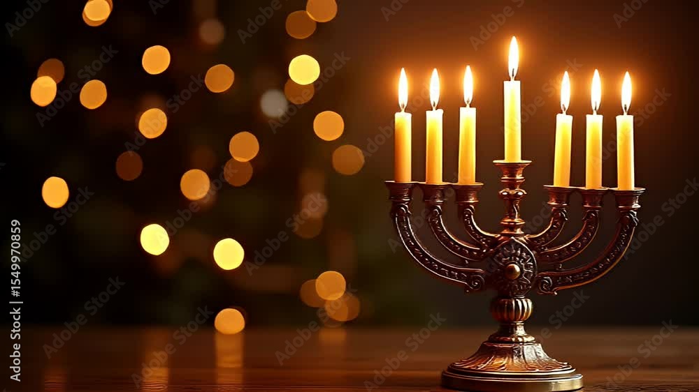 Hanukkah Menorah with Illuminating Candles Against a Dark Background with Golden Bokeh Hanukkah Menorah with Illuminating Candles Against a Dark Background with Golden Bokeh