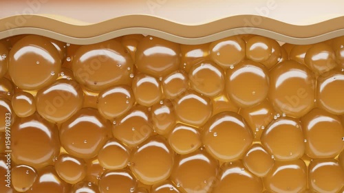 Realistic animation shows fat cells expanding and contracting beneath a layer of skin, illustrating the process of fat storage and release in the human body. 3d animation 4K