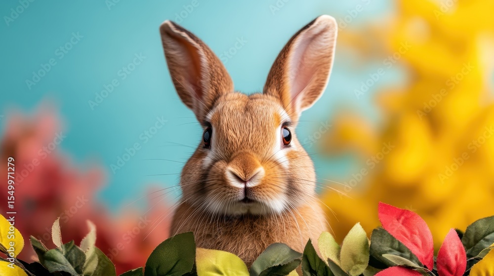 Fototapeta premium A cute rabbit poses amidst vibrant foliage, embodying the beauty of nature and the playful spirit of wildlife, perfect for animal lovers and those appreciating seasonal changes.