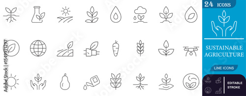 Foto Minimal line icon set on sustainable agriculture featuring eco-farming, organic growth, irrigation, and smart farming