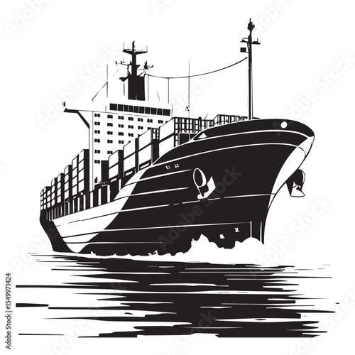 Stylized black and white illustration of a container ship sailing on water