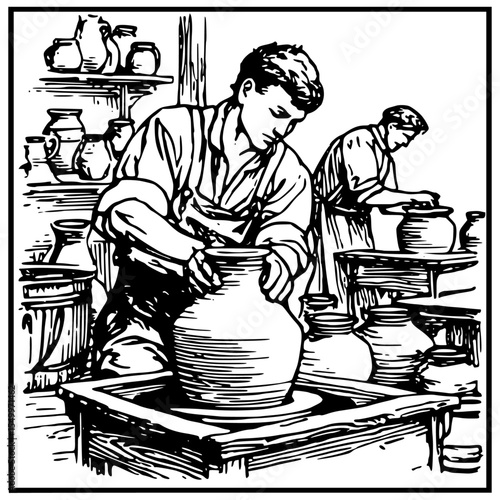 Black and white vintage drawing of a potter working at a wheel, surrounded by clay pots and shelves of pottery tools, detailed and shaded.