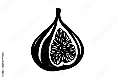 a silhouette of a ripe fig with a leaf in a black and white style black, fig, fresh, icon, leaf, ripe, silhouette, style , Generative art.