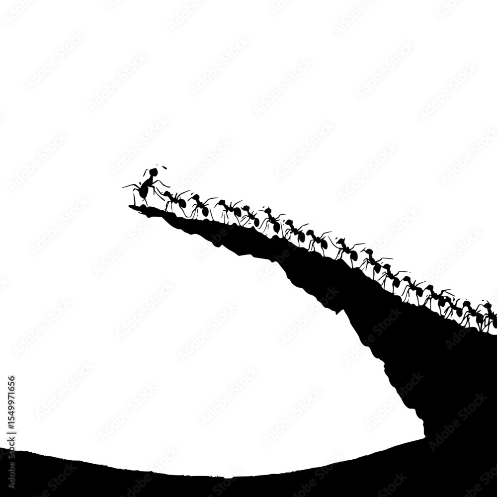 Obraz premium A black and white photograph of a line of ants forming a continuous, winding trail up a steep, dark cliff against a stark white background.