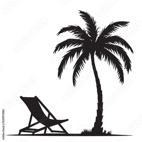 Silhouette of a palm tree and a lounge chair on a white background