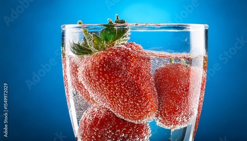 fresh strawberries submerged in sparkling water inside a clear glass against a vibrant blue background