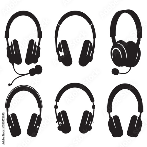 Collection of six black silhouette headphones and headsets on white background