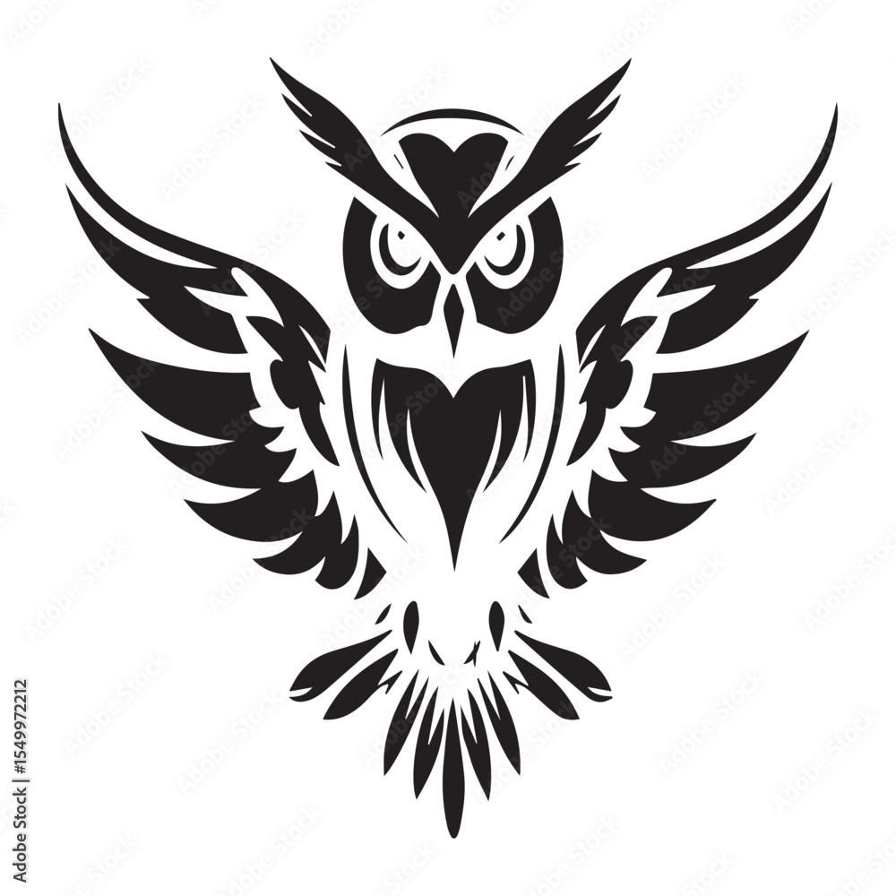 Obraz premium Stylized black owl silhouette with wings spread wide on white background