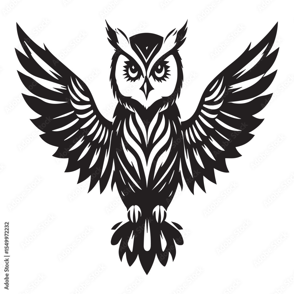 Obraz premium Stylized black owl with wings spread wide against white background