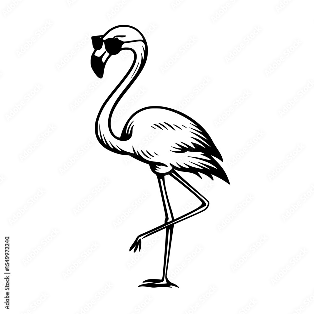 Fototapeta premium a black and white illustration of a flamingo standing on its hind legs black, drawing, flamingo, illustration, leg, stand , Generative art.