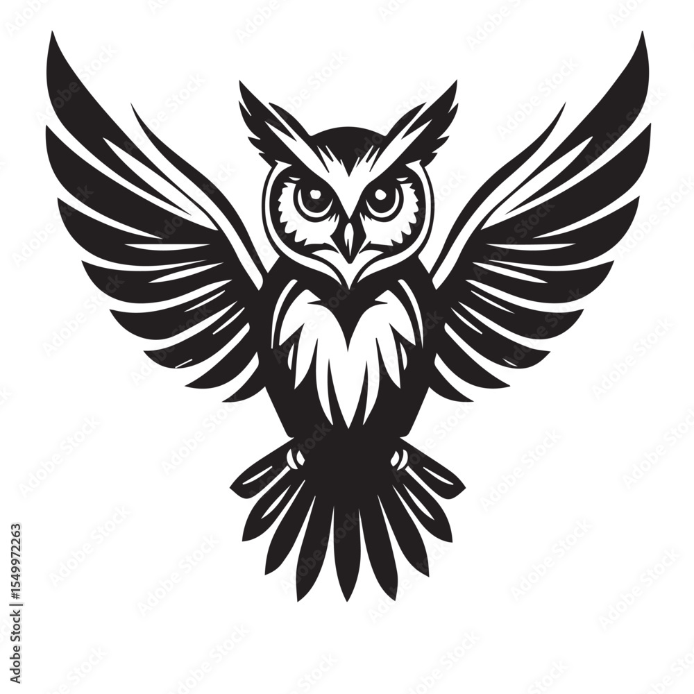 Obraz premium Stylized black silhouette of an owl with wings spread wide