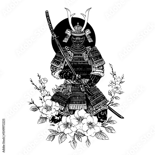 a black and white drawing of a person with a sword art, black, drawing, flower, illustration, person, sword , Generative art.