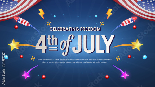 4th of July Celebration Banner with Fireworks and American Flag Theme