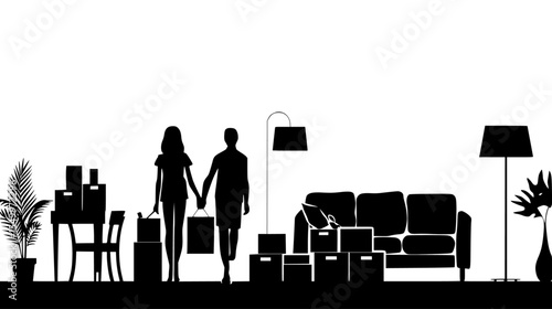 black silhouette of a man and woman standing in a living room with furniture black, box, couple, furniture, living room, man, people, silhouette, stand, woman , Generative art.