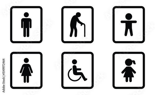Gender-specific restroom and accessibility sign silhouettes including male, female, and wheelchair icons in minimal square design