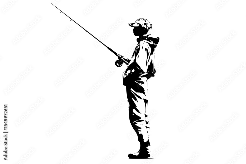 Obraz premium a black and white drawing of a man or fisherman standing with a fishing rod in his hand black, boy, drawing, fish, fisherman, fishing rod, hand, man, person, silhouette, stand , Generative art.