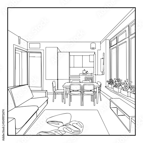 interior of a living room with furniture coloring page