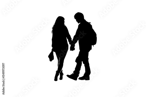 a black and white silhouette of a young man and woman holding hands black, couple, hand, hold, man, people, silhouette, walk, woman, young , Generative art.