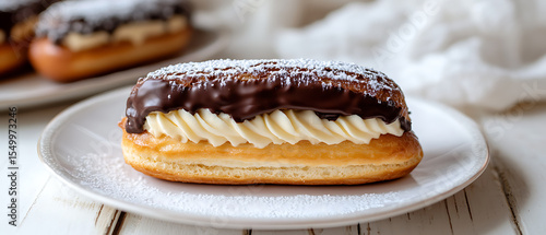 Fototapeta Naklejka Na Ścianę i Meble -  Chocolate Eclair with Whipped Cream Filling on a White Plate