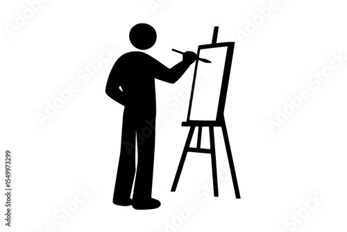 a black silhouette of an artist standing next to an easel with a board and brush painting a picture artist, black, board, brush, canvas, draw, easel, icon, man, paint, person, picture, silhouette.