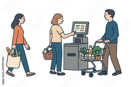 Individuals who are purchasing groceries and utilizing a self-service checkout