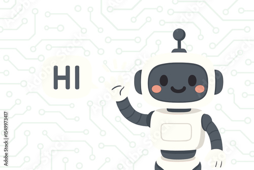 Flat vector illustration of a cute smiling robot chat bot saying hi with a greeting circuit background in a horizontal banner and copy space