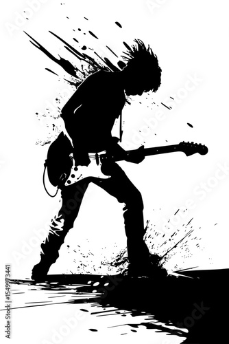 black and white silhouette of a man playing an electric guitar art, black, guitar, guitarist, man, person, play, silhouette , Generative art.