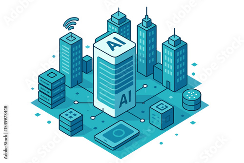 Modern smart city is depicted in an isometric vector illustration featuring intelligent AI skyscrapers and buildings, showcasing computer network and internet of things concept, along with data