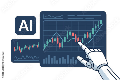 A robotic or cyborg hand taps its finger on a chart displaying forex  exchange trading data, utilizing an app or software that provides  analysis and business financial information on the