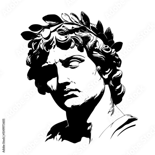 a black and white drawing of a man's face with flowers on his head art, black, drawing, face, flower, head, illustration, man, portrait , Generative art.