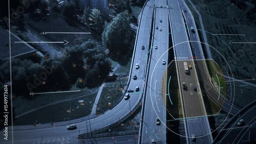 Military Drone Tracking A Car Driving On Turnpike And Transferring Video Footage To Software. Zoom In. Military Forces Pursuing Criminals. Military Surveillance Over Suspected People To Stop Crime.