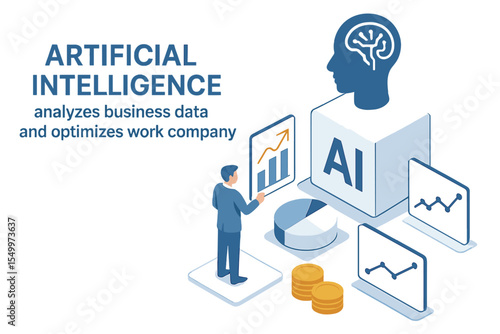 The company optimizes its business data and analyzes , as depicted in an isometric vector illustration for a banner