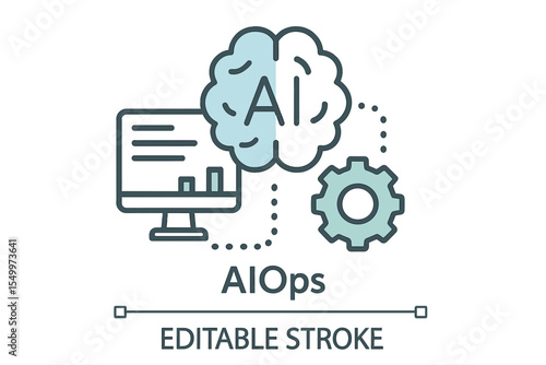 A vector outline drawing of a linear icon representing AIOps, utilizing machine learning for automated IT operations, presented in a thin line illustration with a contour symbol and editable stroke