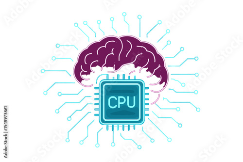 A vector illustration depicting an abstract technology background with a neon brain, cpu, and circuit board, in eps 10 format
