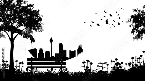 black and white silhouette of a bench, trees, grass and birds bench, bird, black, city, grass, park, silhouette, tree , Generative art.