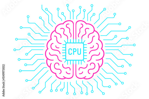 The image features a neon brain, CPU, and circuit board set against an abstract technology background, presented as a vector illustration in EPS 10 format