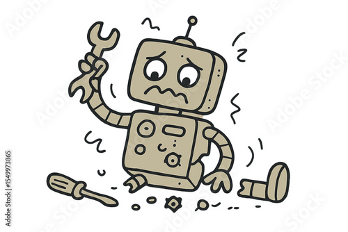 A broken robot is depicted in a hand drawn vector doodle cartoon illustration as it attempts to repair itself