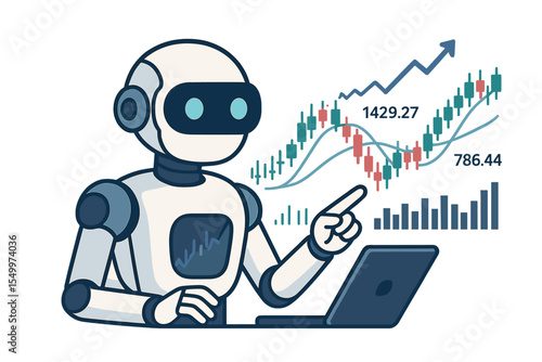 A robot engages in trading on the  market, utilizing the  of a forex broker to analyze business charts and investment financial data through computer software on the  exchange as a